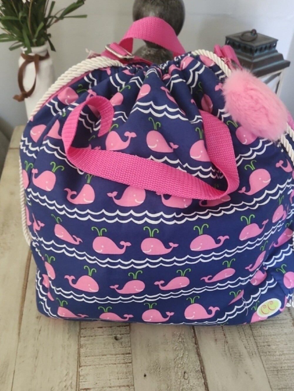 Adult/Kids Drawstring Hobo Bag- Pink Whale Navy, Short or Long Adjustable Strap
